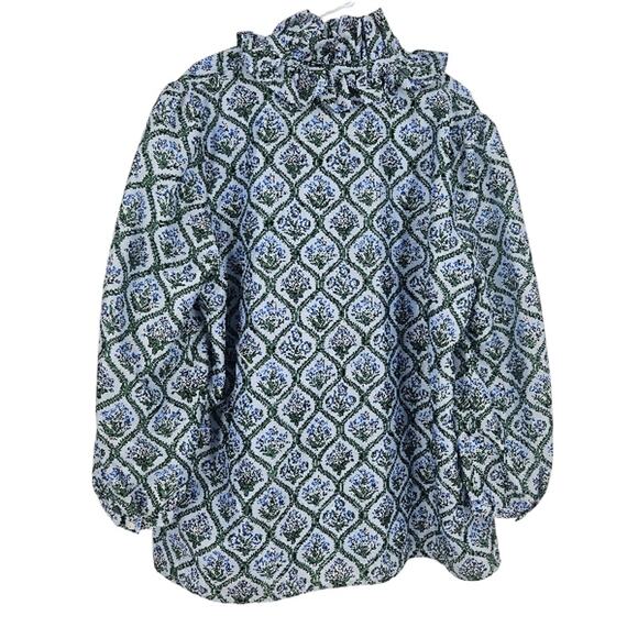 Tuckernuck Bouvier Blouse Top Blue Floral Medallion Ruffle Collar NWOT Size 3XL - Picture 3 of 10
